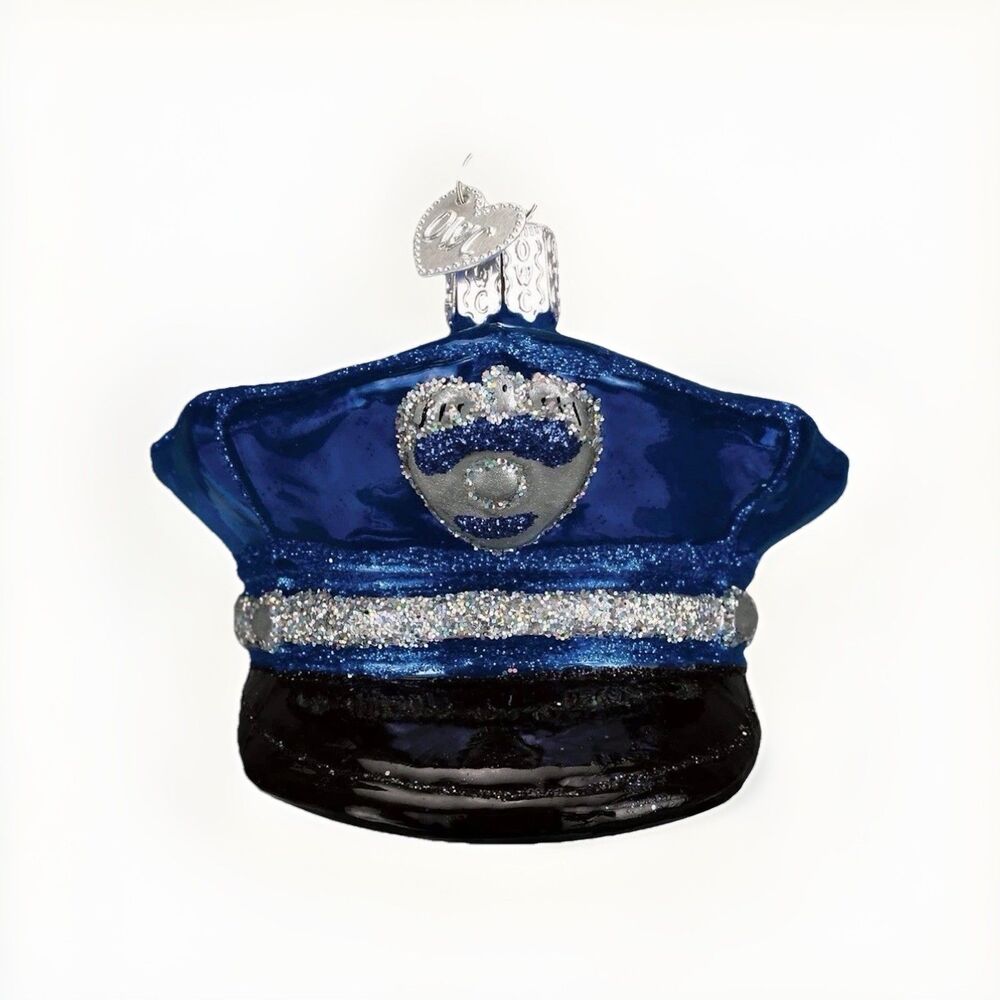 Old World Christmas Law Enforcement Police Officer’s Cap Glass Ornament Box‎ Tag